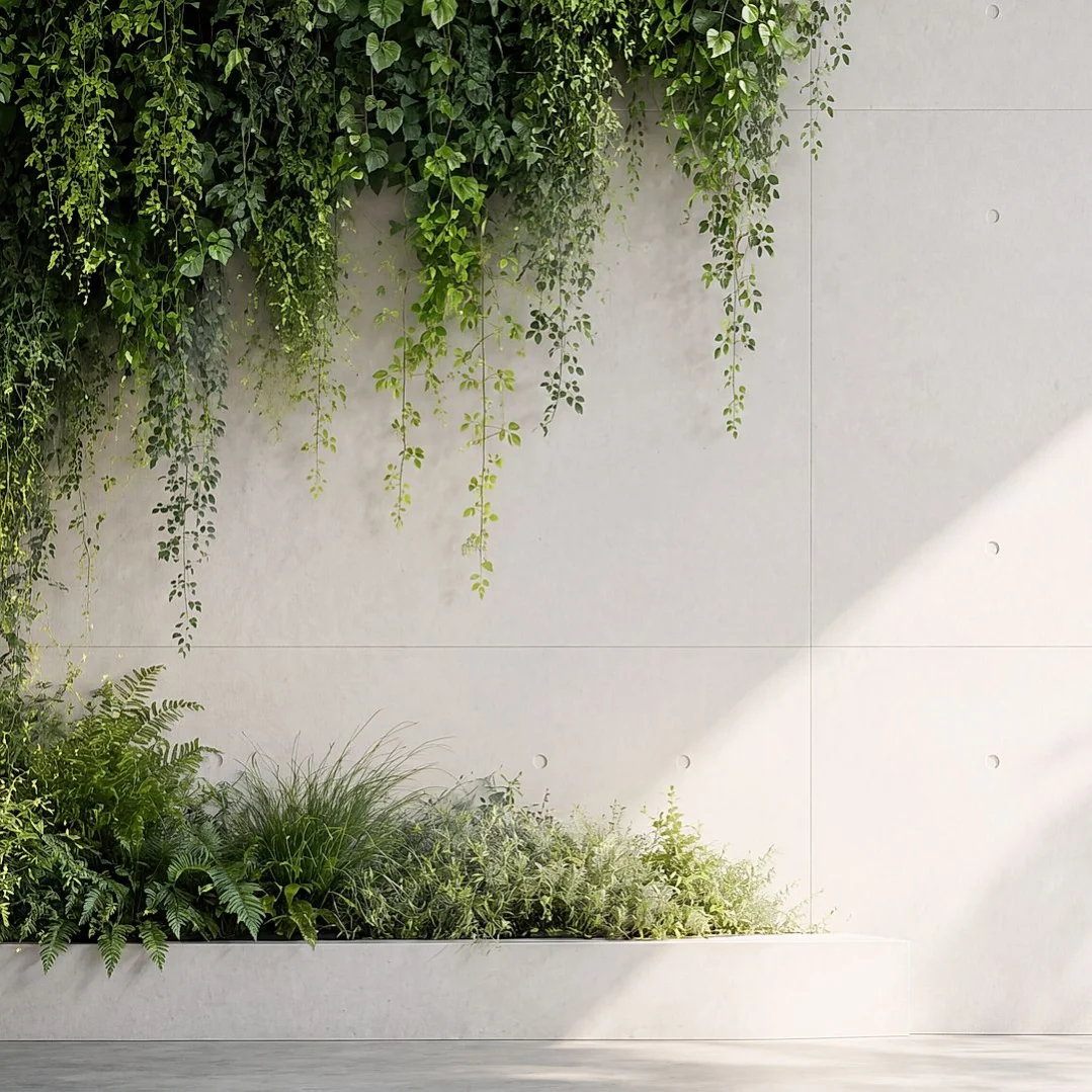 Inovação Sustentável e Ecossistemas de Tecnologia Verde Espaço arquitetônico moderno com uma parede verde viva, plantas paisagísticas e luz natural, simbolizando a inovação sustentável e soluções empresariais ambientalmente conscientes.