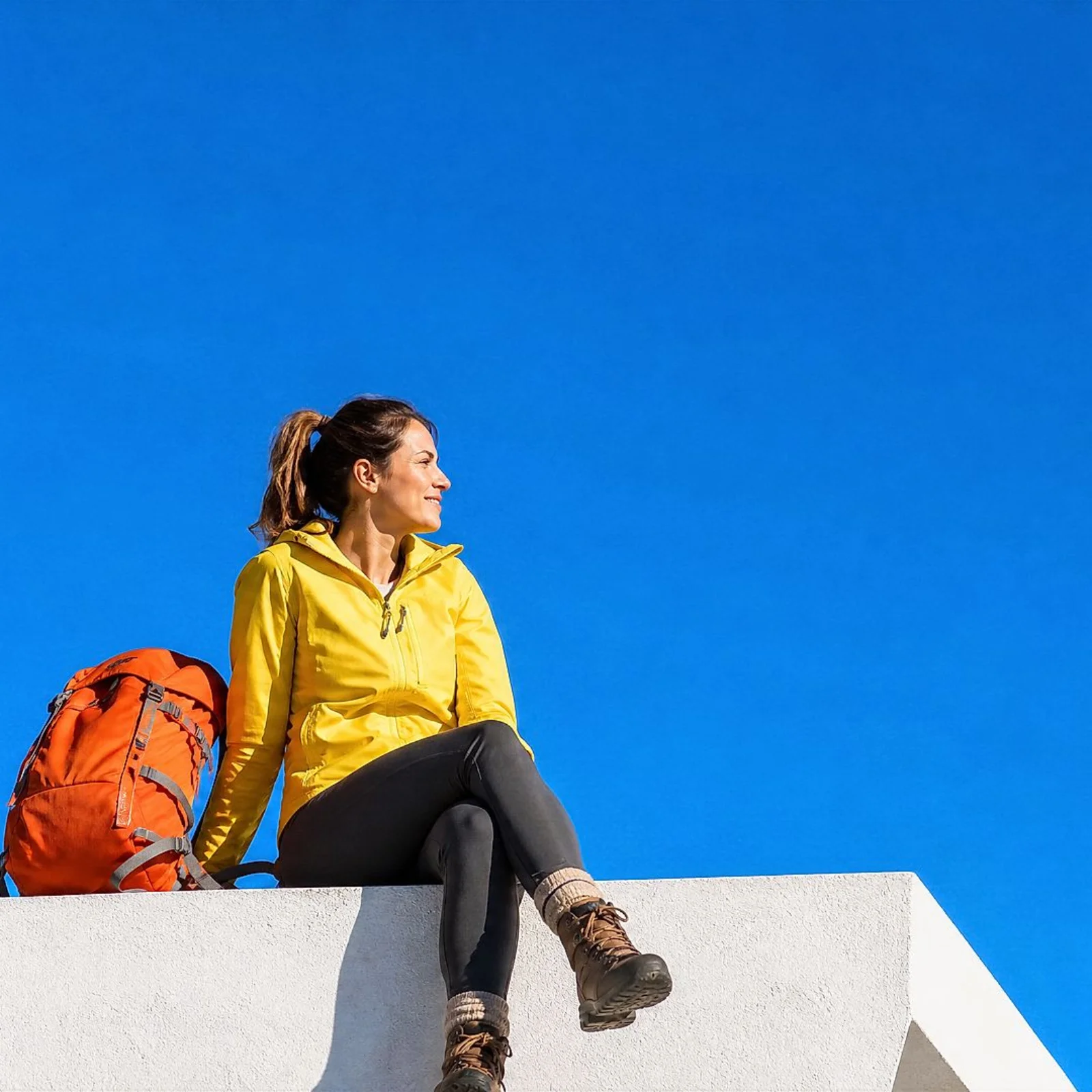 Femmes assises sur un toit avec un sac à dos orange. Femmes assises sur un toit avec un sac à dos orange.