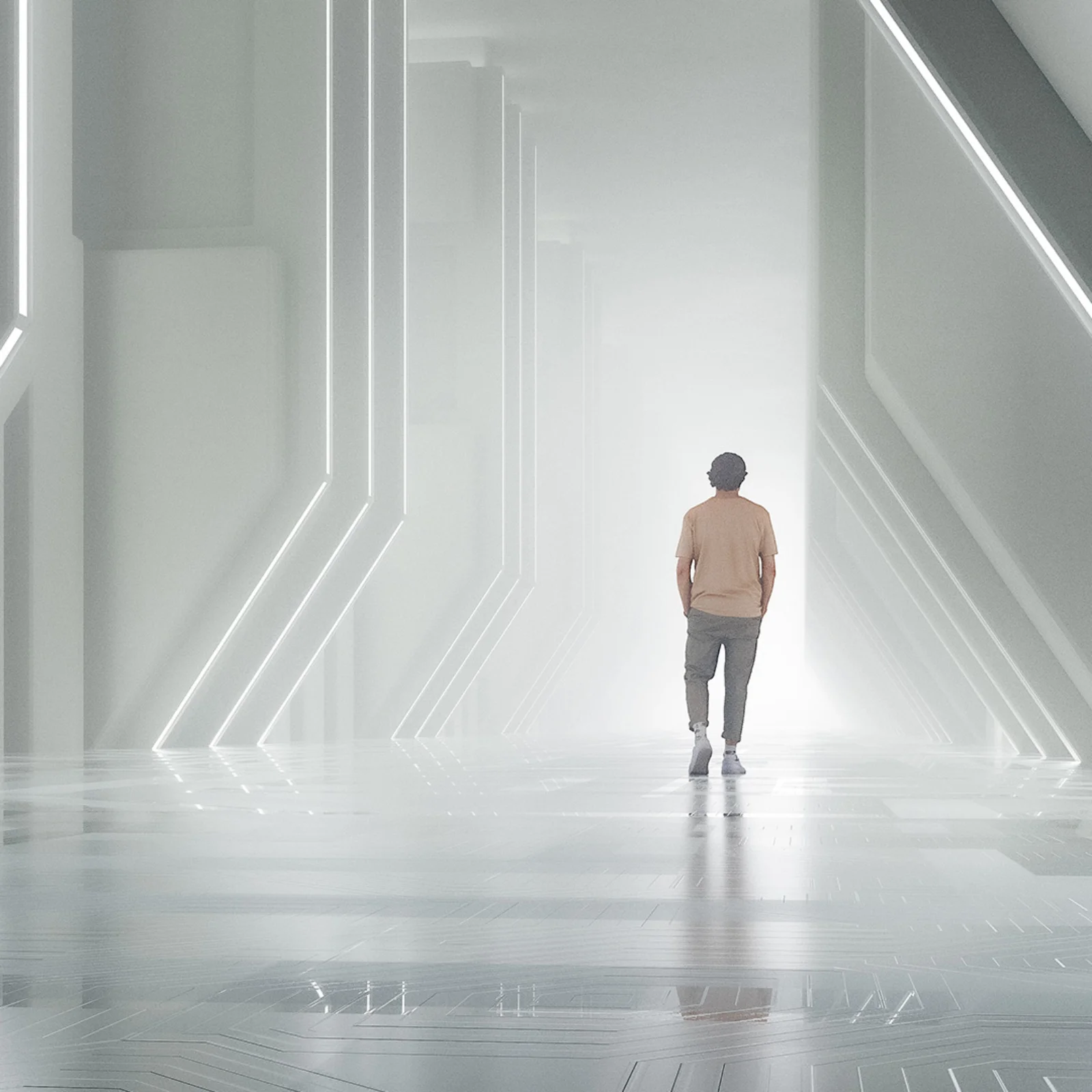 User Experience with GFT 01 Individual walking through a bright futuristic corridor with illuminated lines, symbolizing digital innovation and technological advancement.