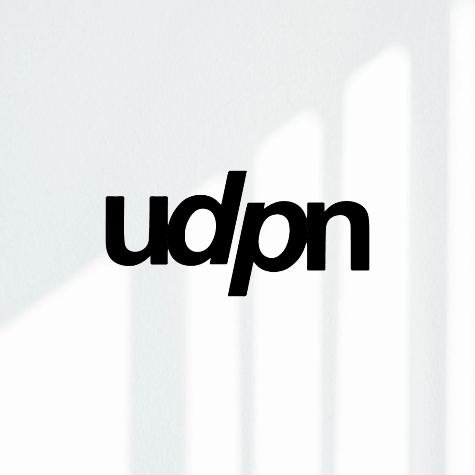 UDPN Logo on White Background Black UDPN logo with a diagonal slash design centered on a minimalist white background with soft vertical light patterns.