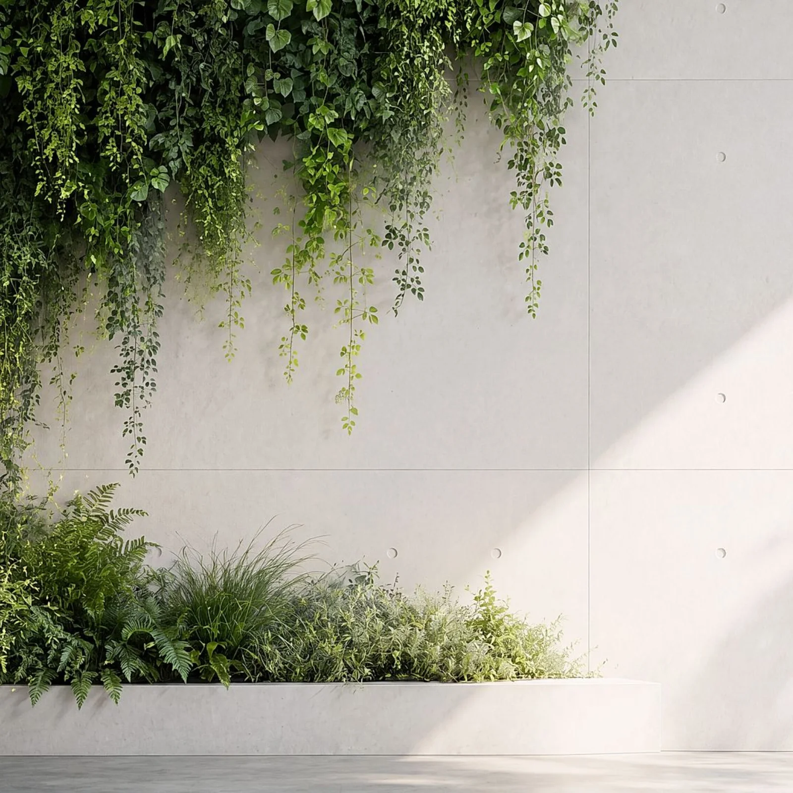 Sustainable Innovation and Green Technology Ecosystems Modern architectural space featuring a living green wall, landscaped plants, and natural light, symbolizing sustainable innovation and environmentally conscious business solutions.