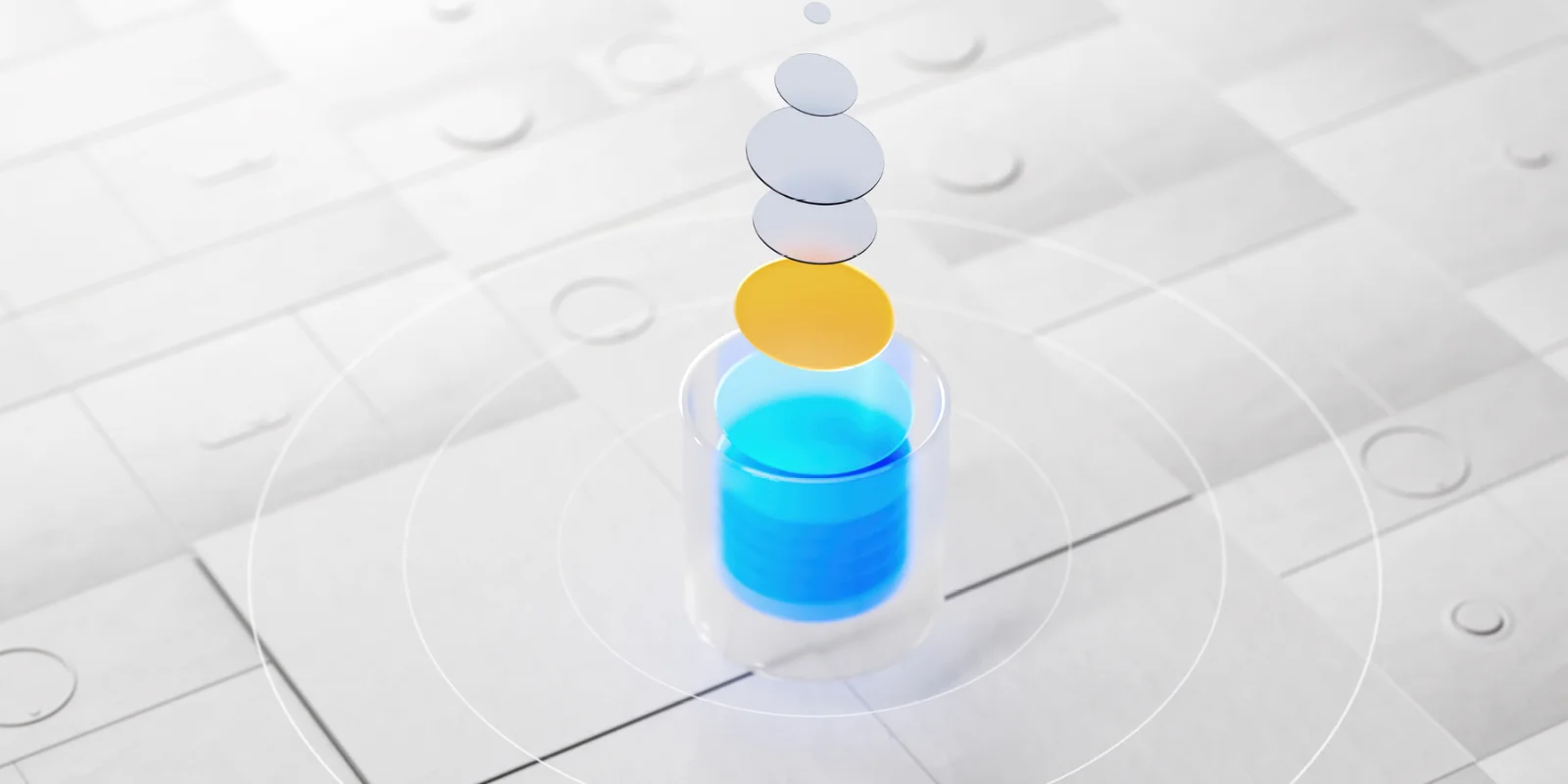 Key Visual: Banking Abstract 3D composition with floating circular layers in blue and orange tones, representing data flow and digital integration.