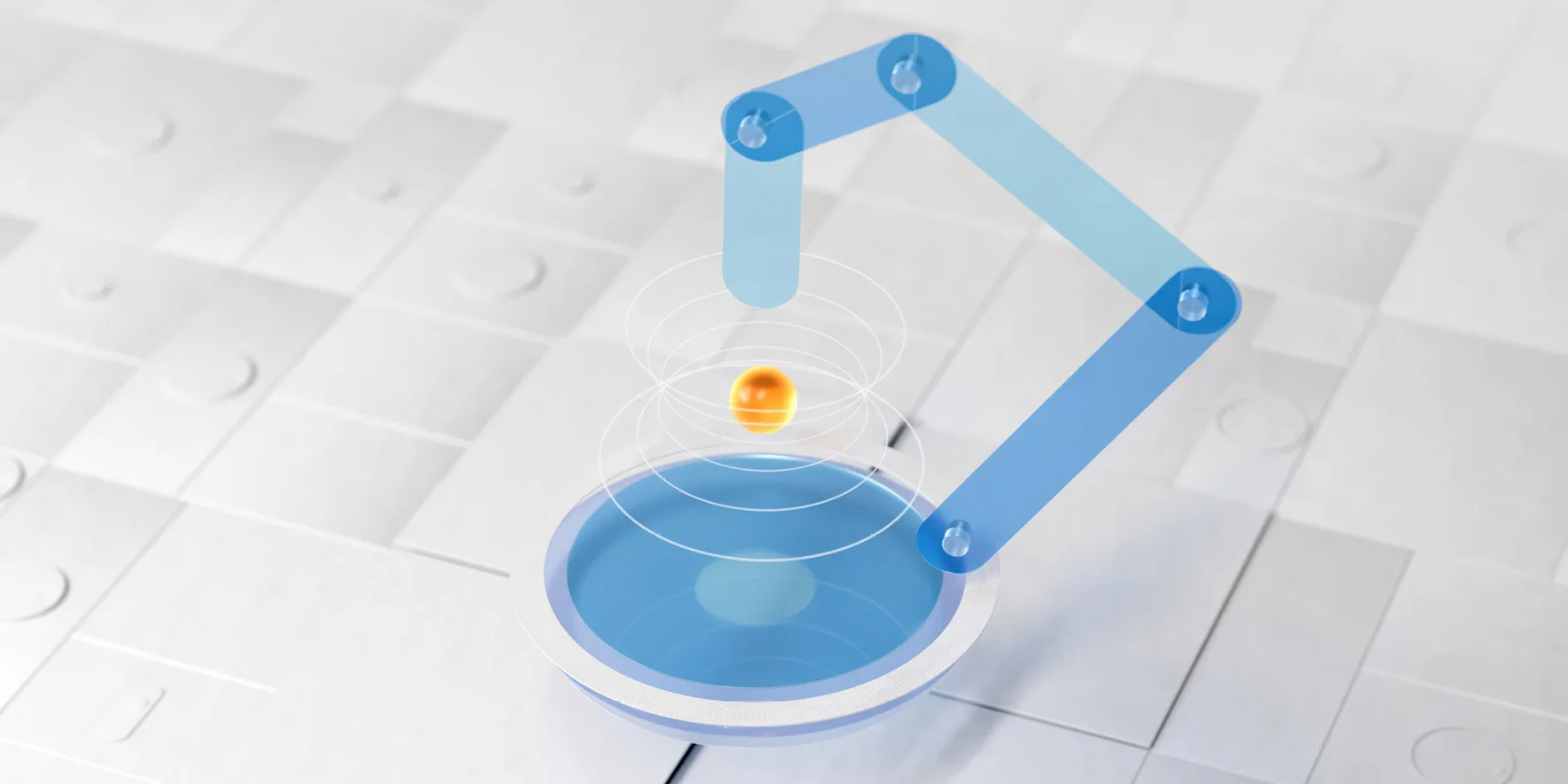 Abstract 3D illustration with white and blue circular elements and a floating orange sphere, symbolizing balance, precision, and automation.