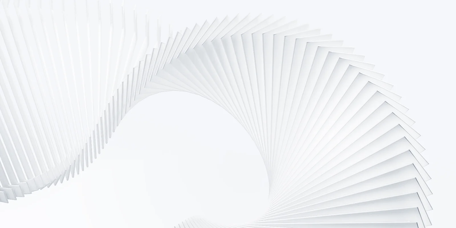 Minimalist 3D spiral made of layered white panels forming a dynamic curved pattern on a light background.