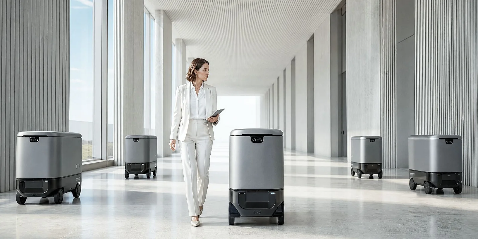 Esta imagen destaca los robots móviles autónomos (AMR), la logística inteligente y la automatización de procesos. Muestra cómo las organizaciones utilizan robótica, tecnologías conectadas y operaciones basadas en datos para mejorar la eficiencia y acelerar la transformación digital.