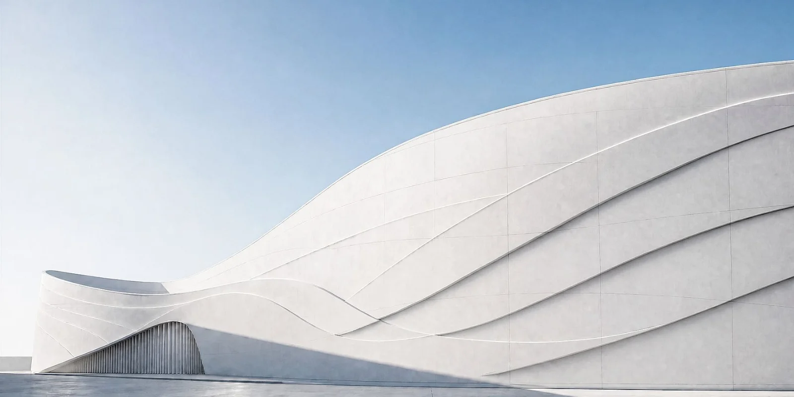 Corporate Governance Built on Transparency and Strategic Vision Modern architectural facade with flowing geometric lines, minimalist design elements, and clean white surfaces representing structure, stability, and long-term planning.
