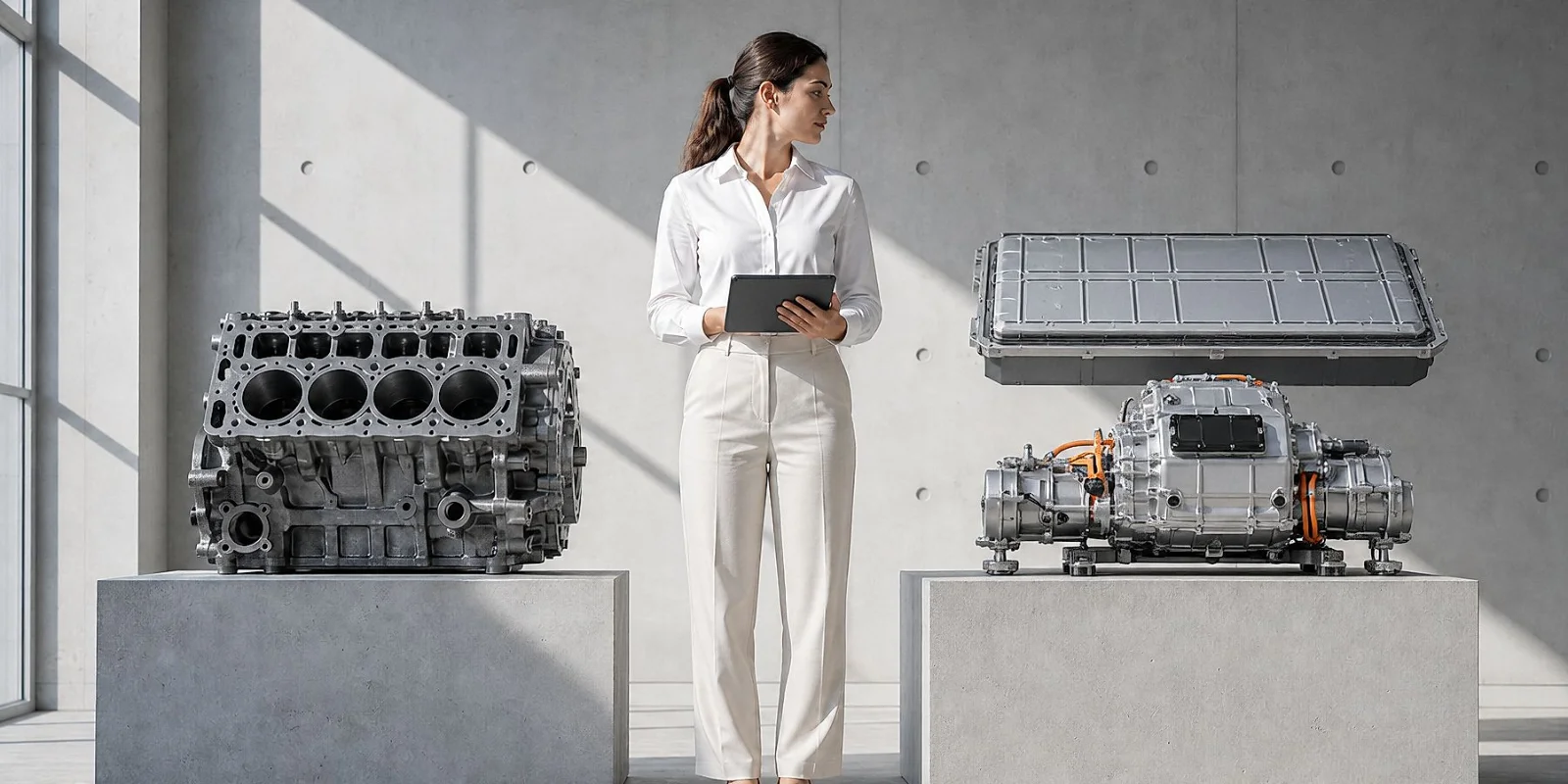 This image highlights the evolution of automotive technology, showcasing traditional engine systems alongside electric vehicle powertrain components. It represents electric mobility, engineering innovation, and digital transformation driving the future of sustainable transportation.