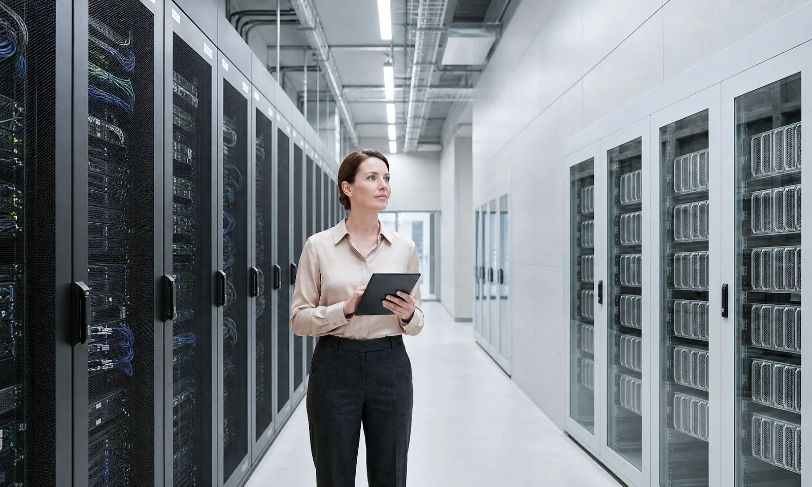 Mujer utilizando una tableta en un centro de datos moderno, rodeada de servidores e infraestructura digital, que representa la computación en la nube, la gestión de datos y las operaciones de TI avanzadas.
