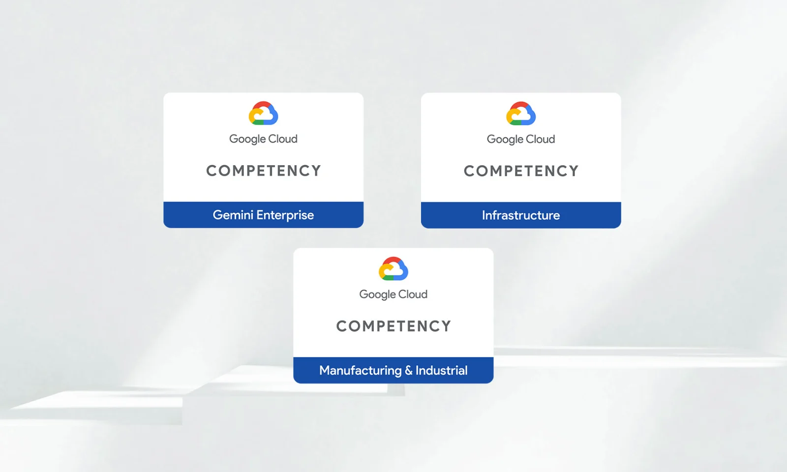 Google Cloud competency badges for gemini enterprise, infrastructure, and manufacturing