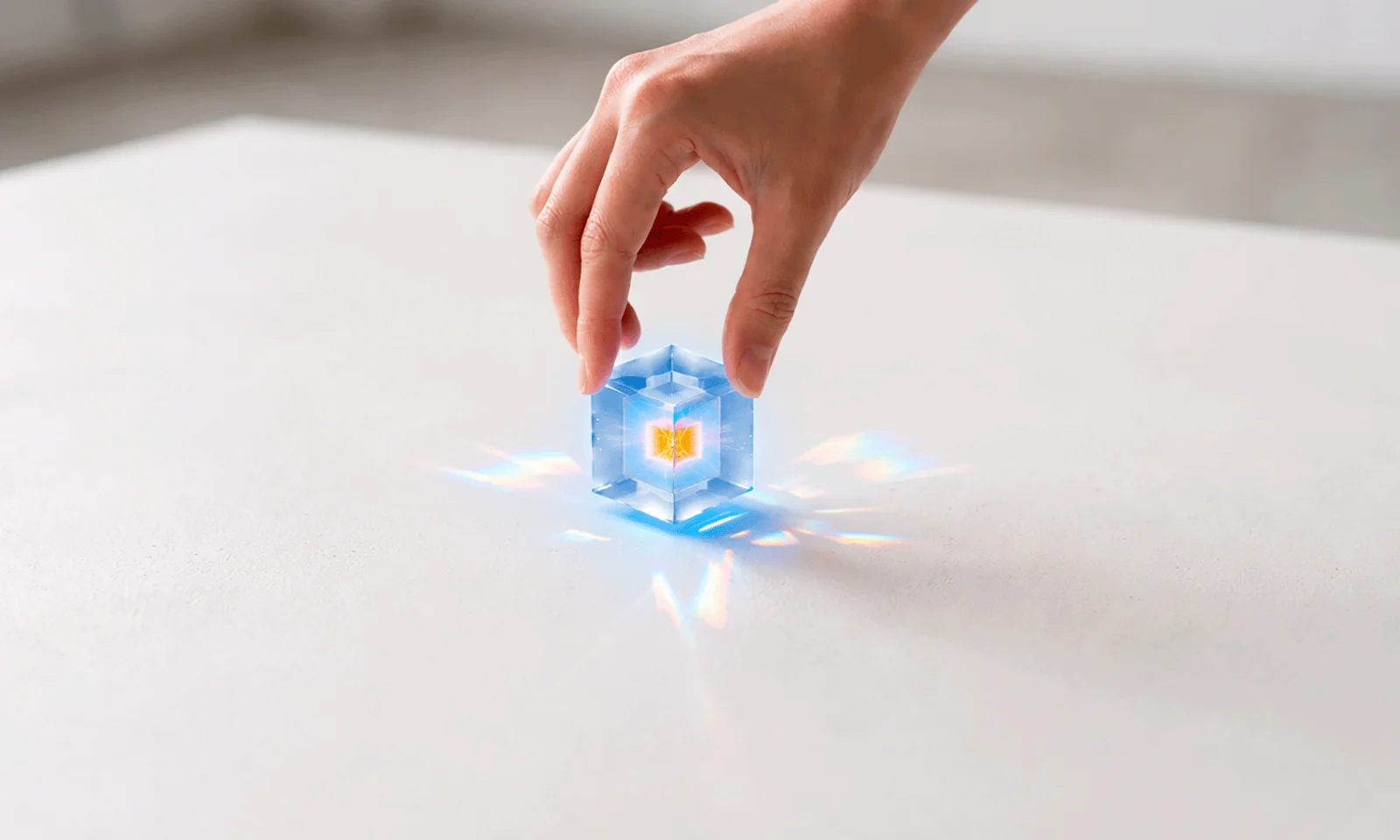 Taking Control of Your Modernization Path A hand carefully placing a glowing cube symbolizes control, precision, and strategic decision-making in the modernization journey. The illuminated core represents the potential of AI and advanced technologies, while the act of positioning it reflects the deliberate choices organizations must make whether rehosting, refactoring, or rewriting to unlock value and build a future-ready foundation.