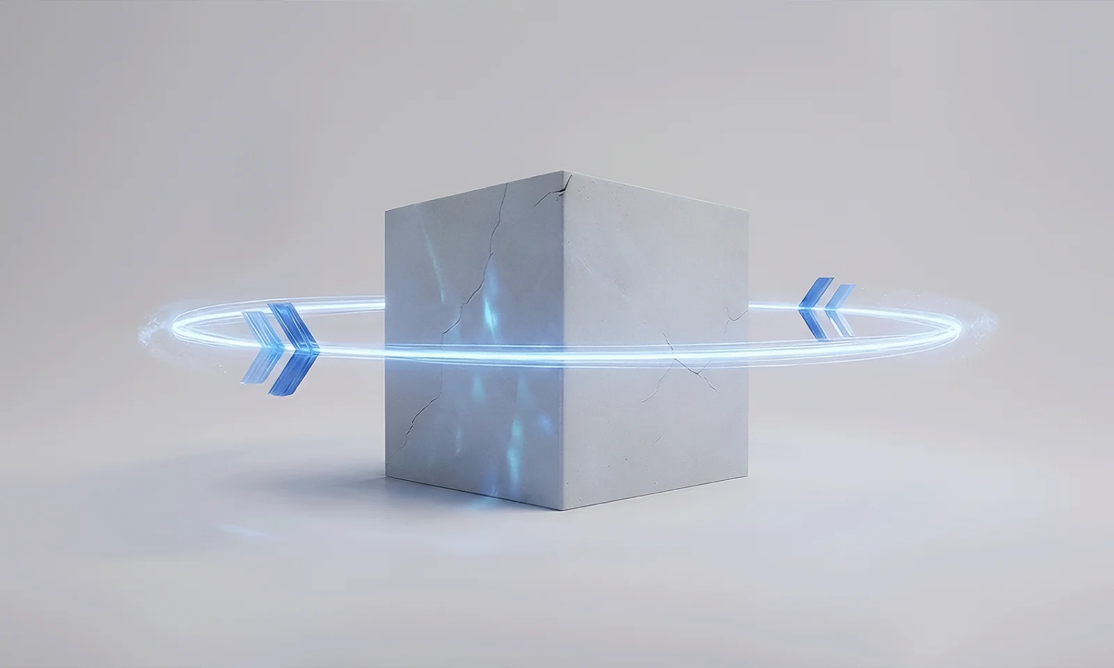 Breaking the Cycle of Legacy Constraints A solid, worn cube encircled by a glowing, fast-moving loop of energy represents legacy systems trapped in repetitive cycles. Cracks in the surface hint at structural limitations, while the dynamic motion around it symbolizes the pressure for speed, agility, and transformation. The contrast captures the hidden cost of standing still—and the momentum gained through AI-driven modernization.