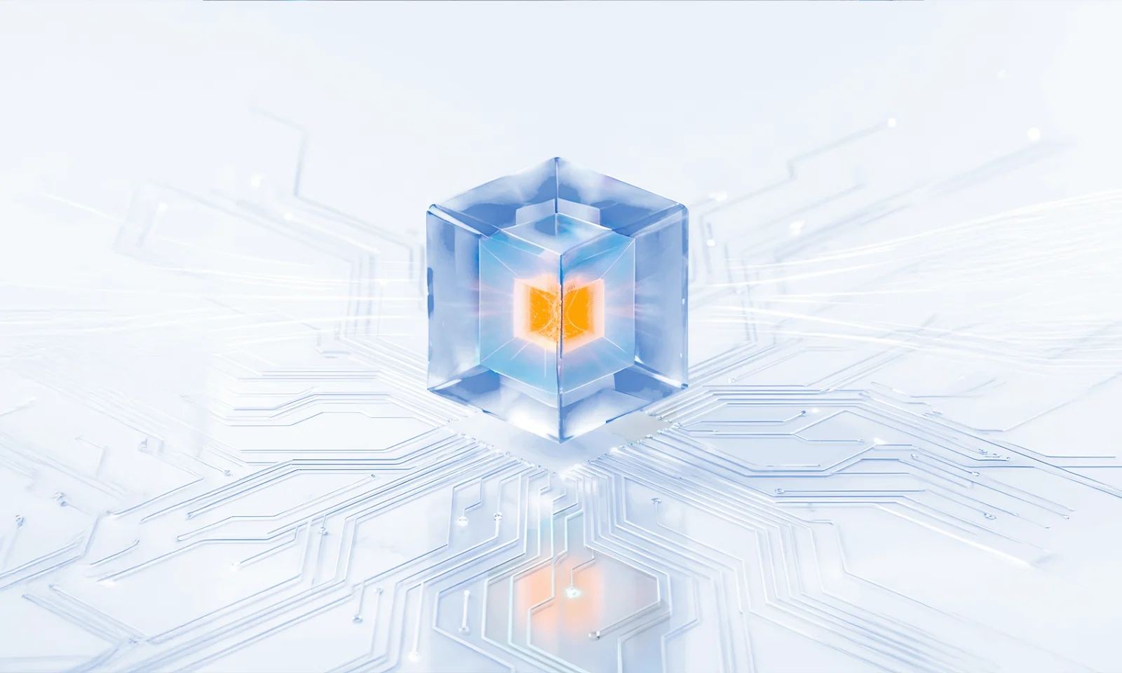 Unlocking AI Modernization at the Core A futuristic visual of a transparent cube with a glowing core, symbolizing the central intelligence of AI-driven transformation. Surrounding circuit-like pathways represent interconnected systems, data flows, and scalable digital infrastructure capturing the essence of AI modernization, where innovation radiates outward to power smarter, faster, and more adaptive enterprises.