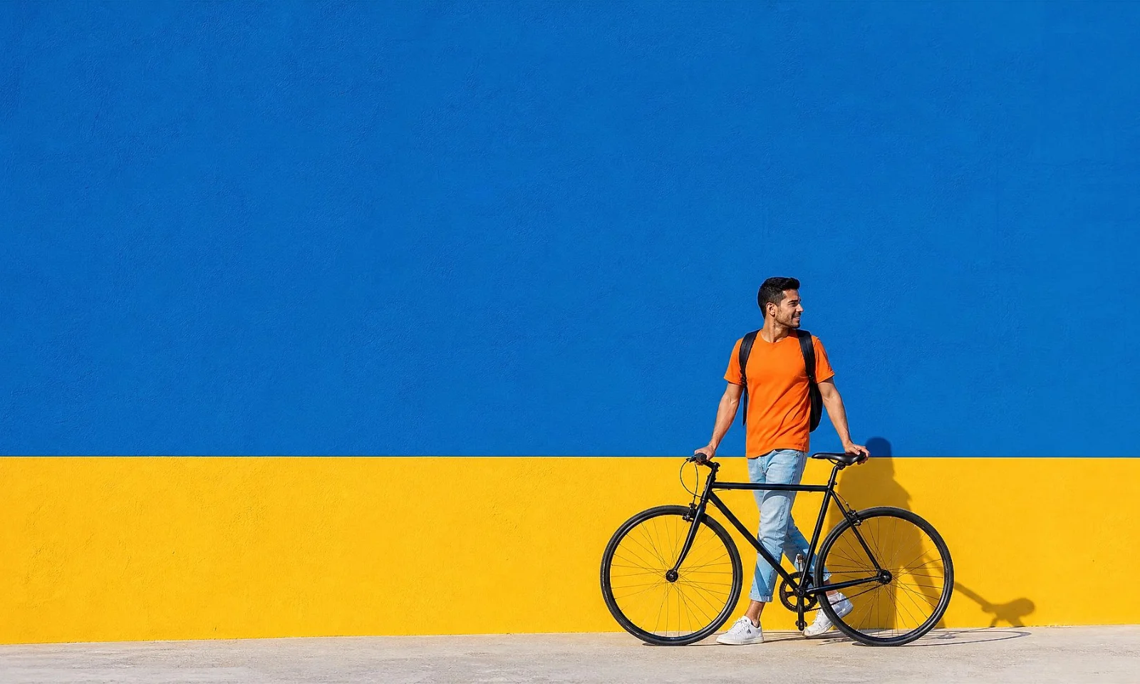 Um jovem a caminhar com uma bicicleta, representando a mobilidade sustentável e a vida urbana moderna. Um jovem a caminhar com uma bicicleta, representando a mobilidade sustentável e a vida urbana moderna.