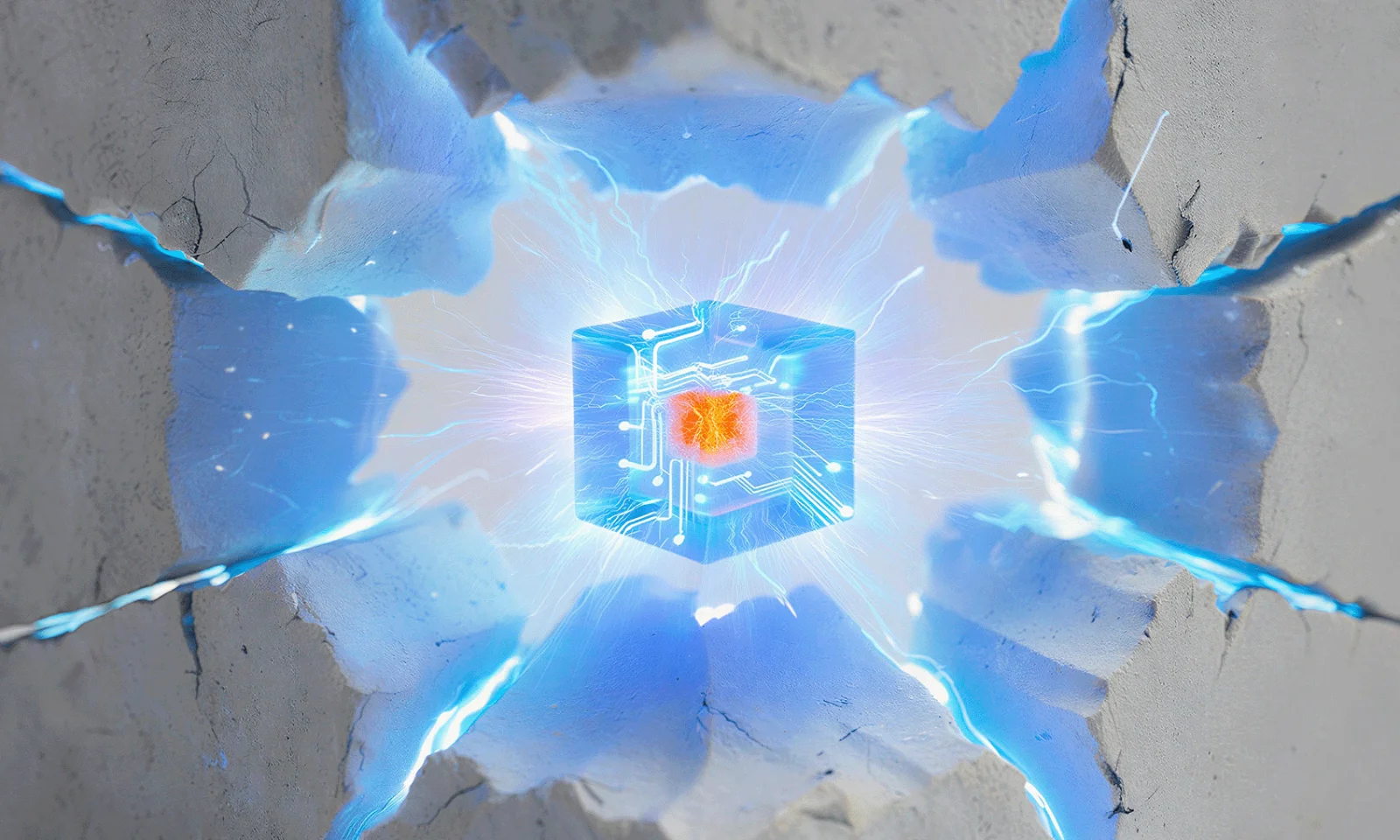 Breaking Through Legacy Barriers A glowing cube bursting through a cracked surface symbolizes the disruptive power of AI-driven modernization. The fractured outer layer represents rigid legacy systems, while the radiant energy and circuitry emerging from within reflect innovation, agility, and new digital capabilities. This image captures the moment organizations break free from constraints to unlock scalable, future-ready transformation.