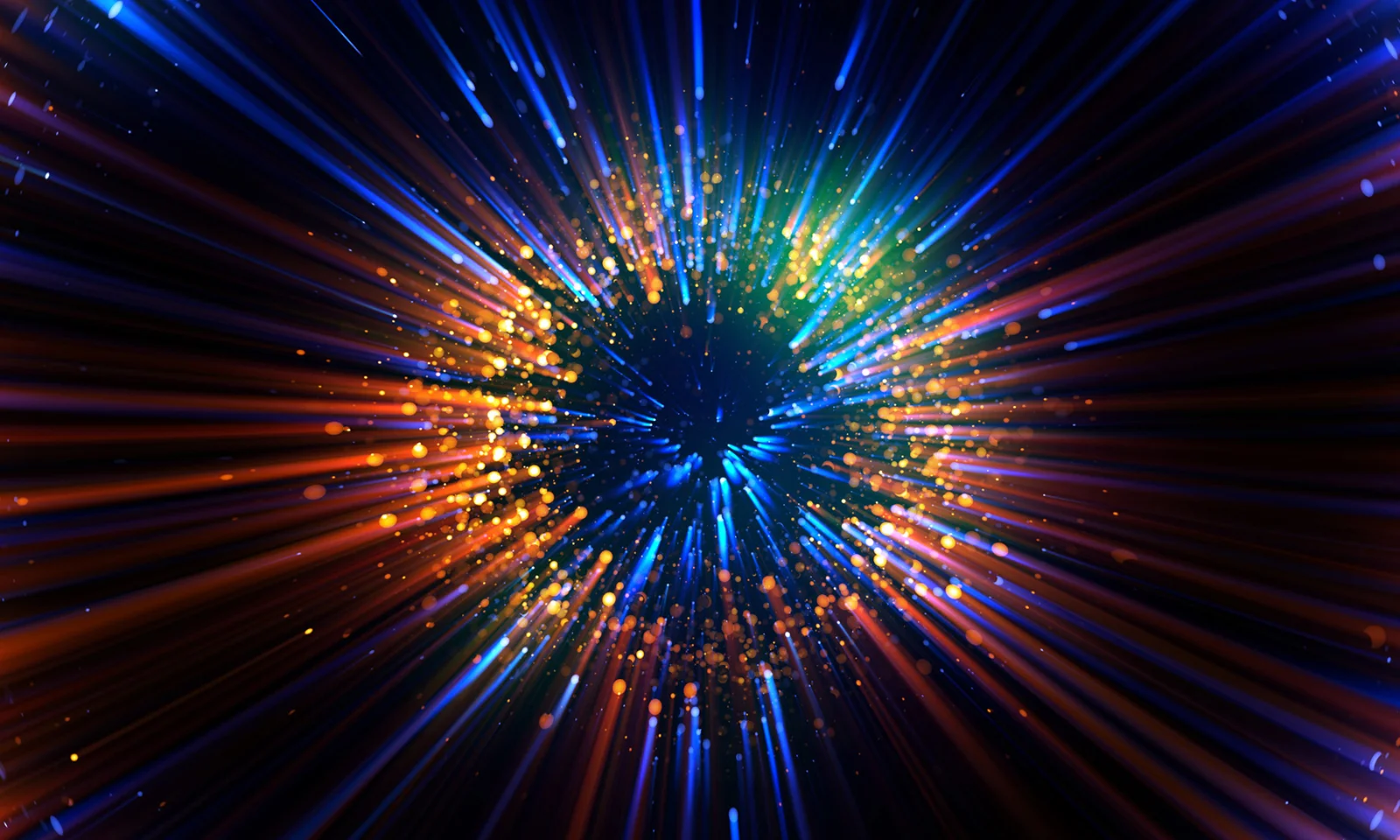 Abstrakte Explosion bunter Lichtstrahlen und Partikel vor dunklem Hintergrund. Monolithische Modernisierung vorantreiben