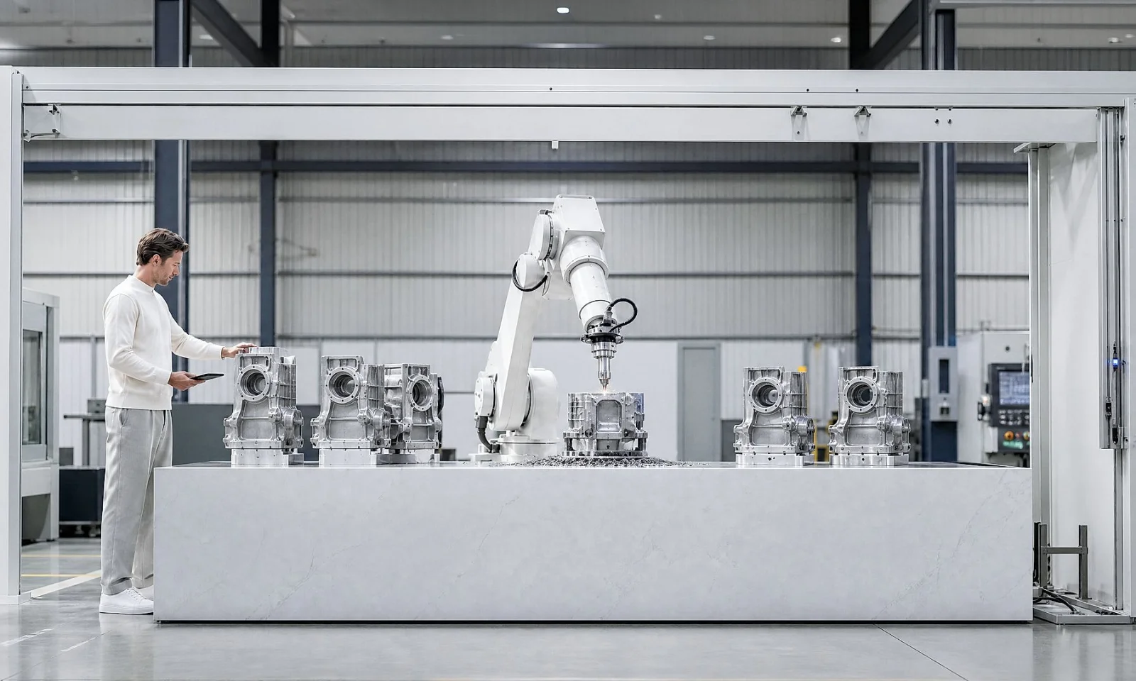 Industrial robotic arm working alongside a human operator in a modern manufacturing facility, illustrating smart manufacturing, industrial automation, and advanced robotics