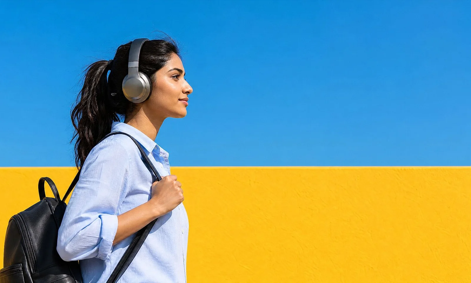 Giovani donne che camminano ascoltando musica e portando uno zaino. Giovani donne che camminano ascoltando musica e portando uno zaino.
