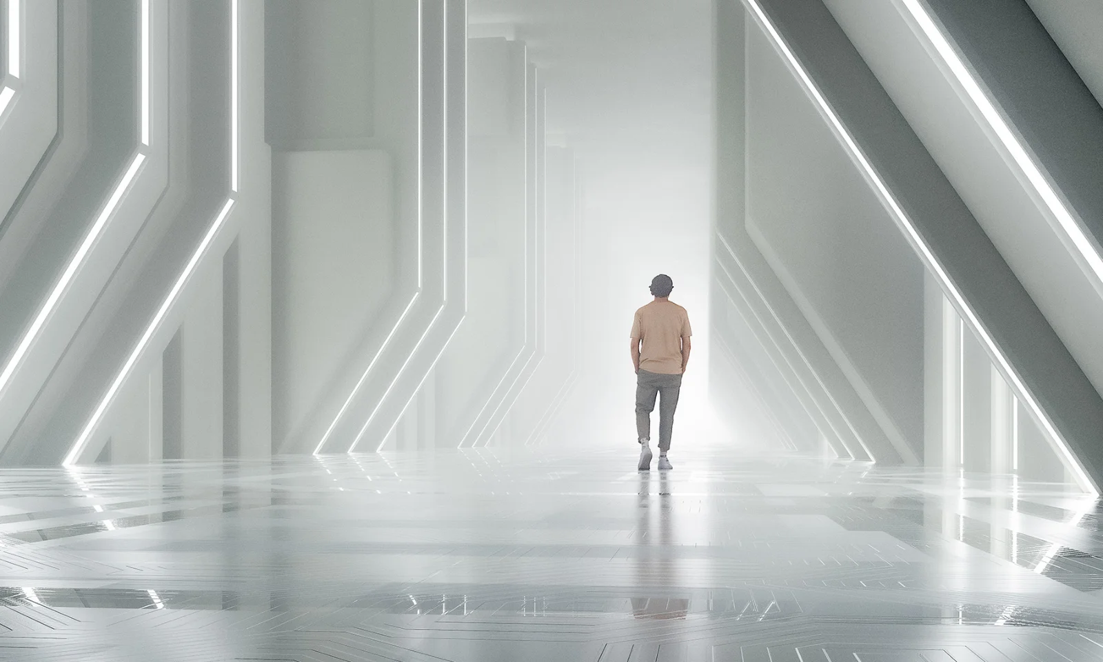 GFT Success Story: AI Agent Services Person walking through a futuristic, illuminated corridor symbolizing progress, technology, and the journey toward digital transformation.