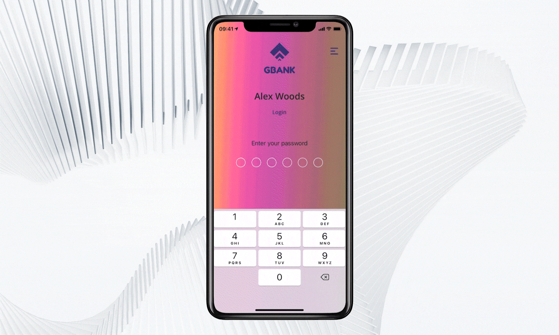 Animated demonstration of the BankLiteX mobile banking app login screen on a smartphone. The screen shows a password entry interface for user Alex Woods, featuring a gradient background and the GBank logo at the top.