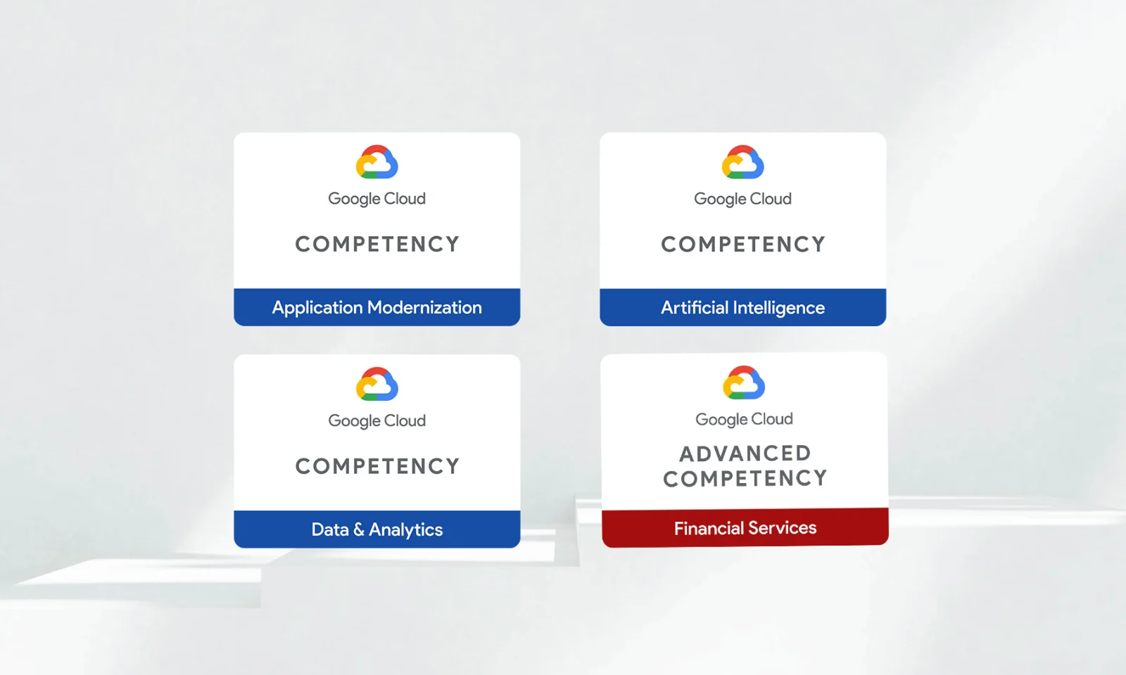 <br/>Google Cloud competency badges for application modernization, artificial intelligence, data and analytics, and financial services advanced competency<br/>