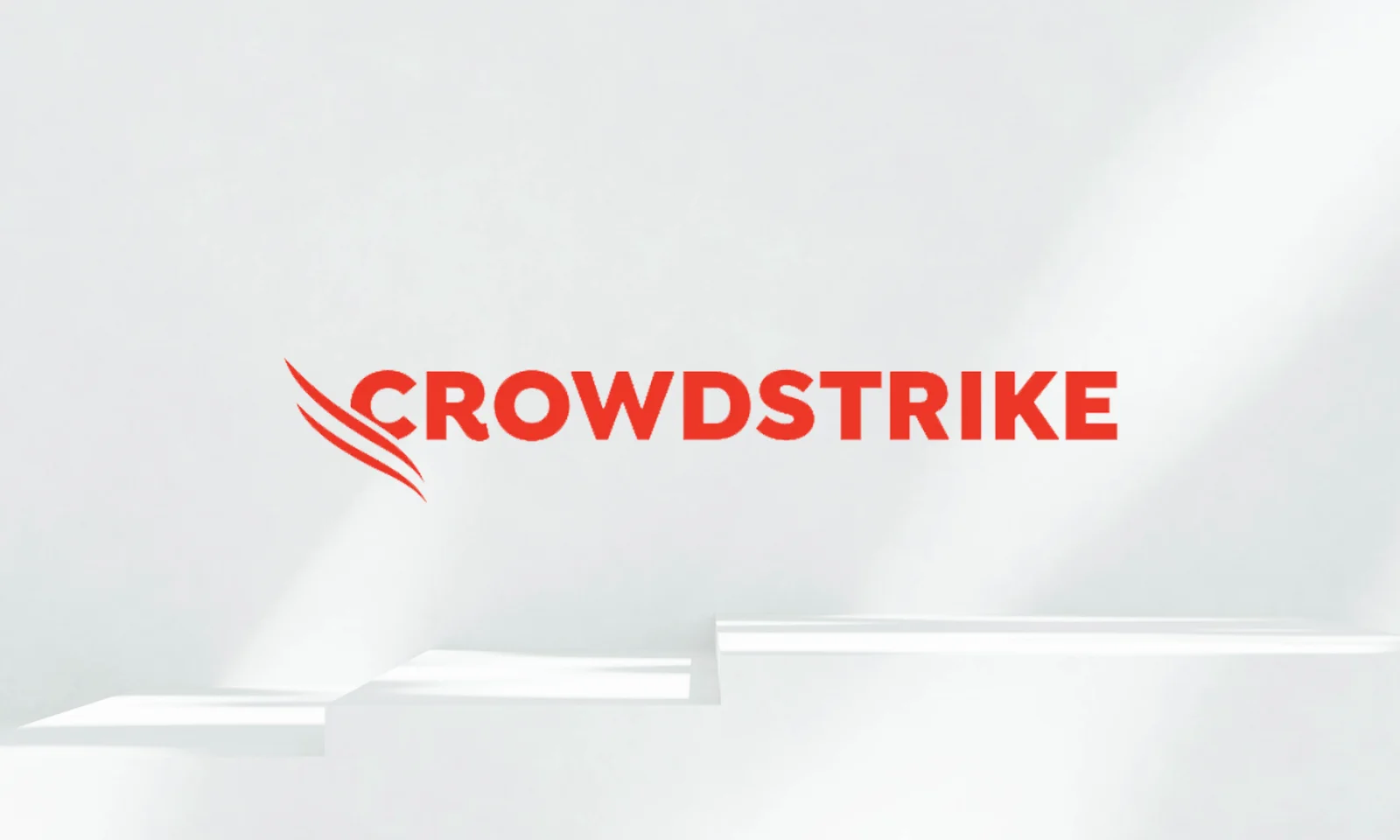 CrowdStrike logo in bold red typography with a stylized falcon emblem, centered on a clean white rectangular panel over a minimal light-grey background with soft shadows.