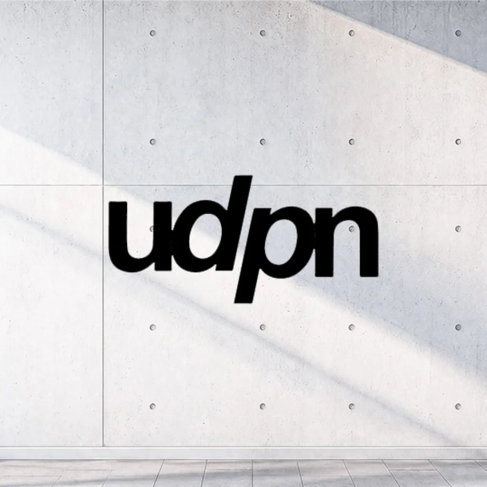 Black UDPN logo with a diagonal slash design centered on a minimalist white background with soft vertical light patterns.