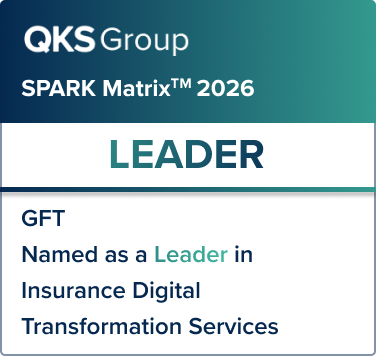 QKS Group SPARK Matrix 2026 graphic showing GFT named a leader in insurance digital transformation services<br/><br/>