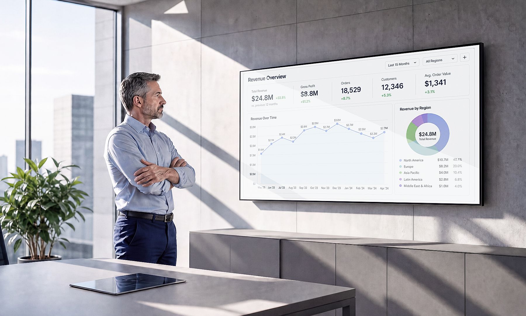 Business analytics e gestão de desempenho orientada por dados Esta imagem destaca business analytics, gestão de desempenho e tomada de decisões orientada por dados. Demonstra como organizações utilizam dashboards, monitoramento de KPIs e insights em tempo real para otimizar operações e impulsionar crescimento estratégico.