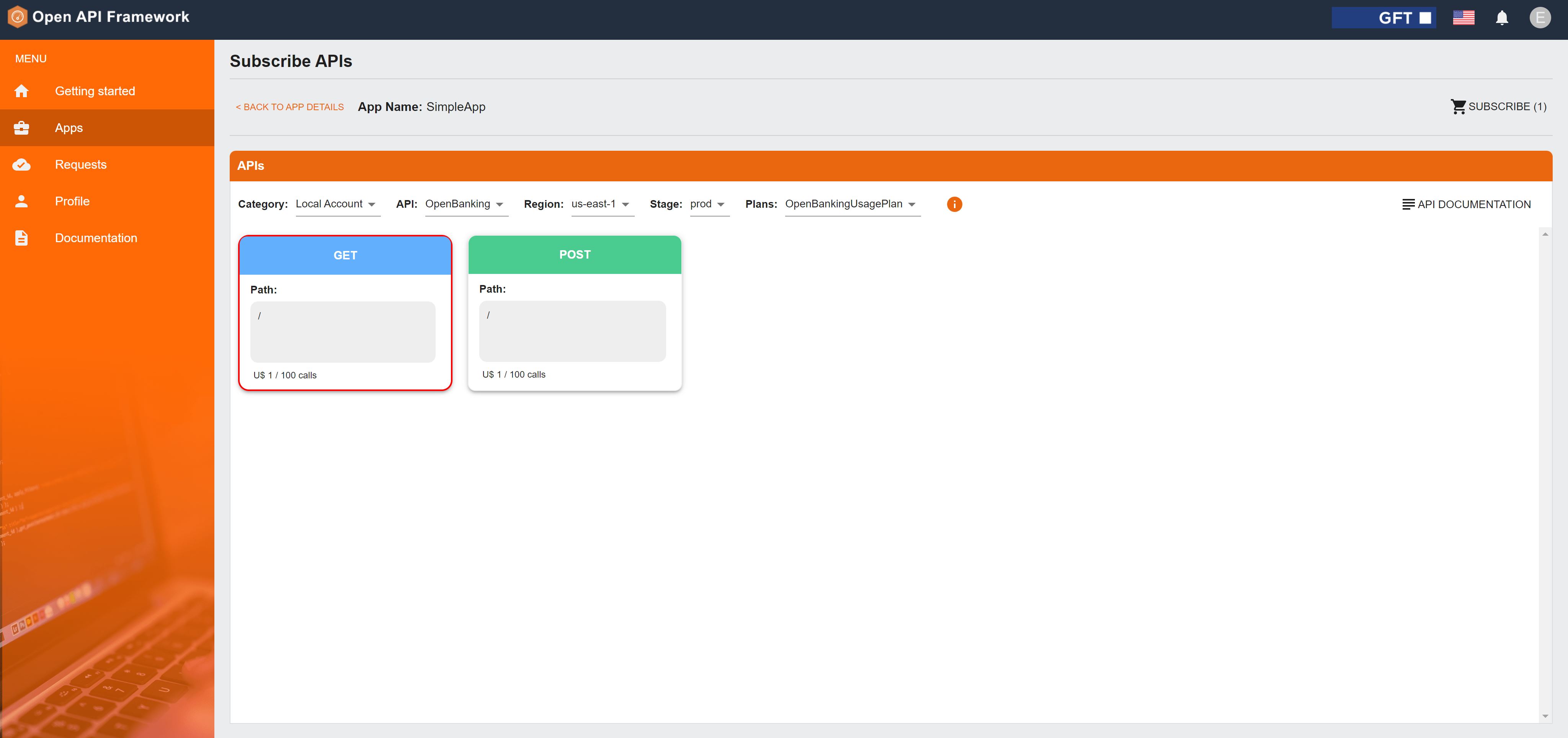 Screenshot of the GFT Open API Framework showing the subscription interface for the SimpleApp, displaying available GET and POST methods for the OpenBanking API, including pricing and path details.
