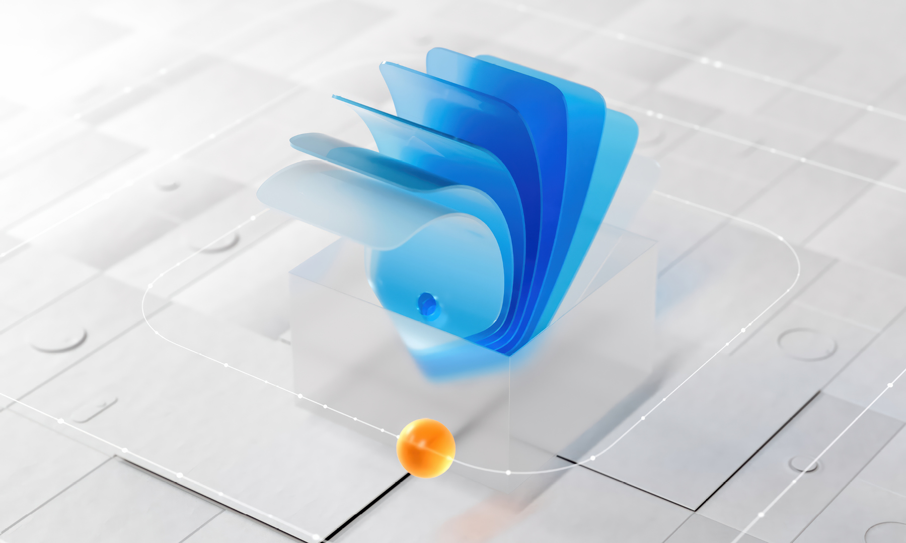 3D abstract composition featuring curved blue translucent layers emerging from a clear cube with a small orange sphere and subtle grid-like digital elements