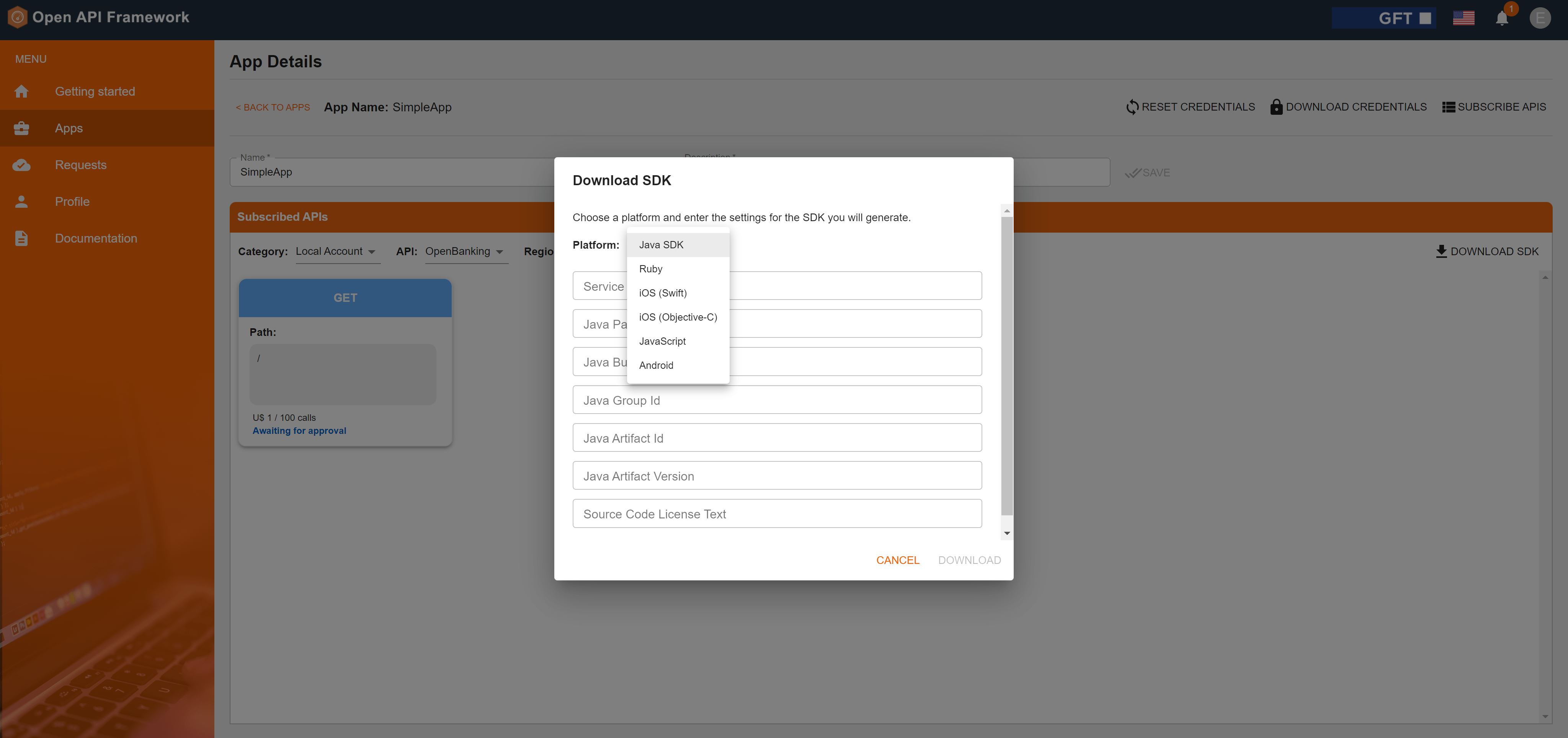 Screenshot of the GFT Open API Framework showing the SDK download modal, with platform selection options such as Java SDK, Ruby, Swift, Objective-C, JavaScript, and Android, along with fields for service name, package details, and artifact configuration.