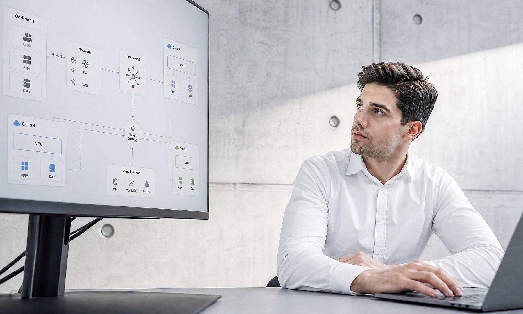 Descubra como transformação digital, integração empresarial e tomada de decisão orientada por dados se unem enquanto um profissional analisa um dashboard tecnológico para otimizar operações e impulsionar a inovação.