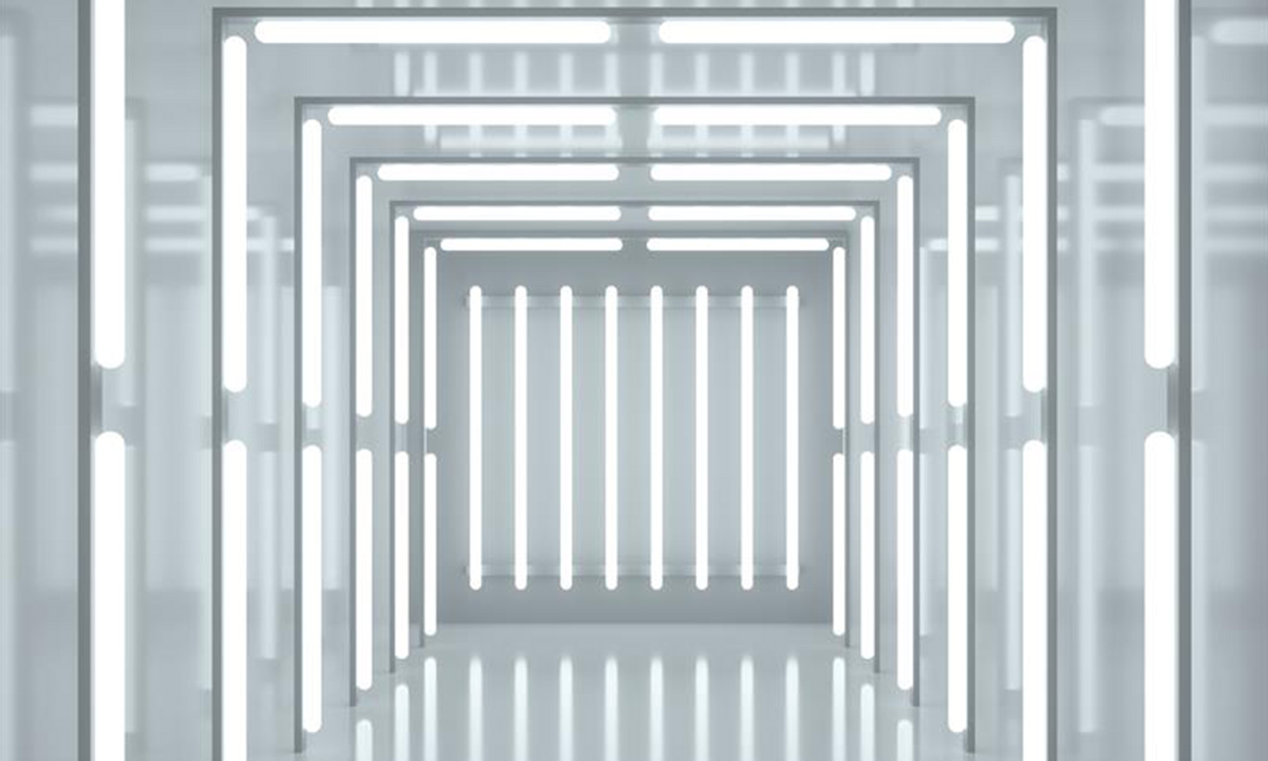 Bright illuminated tunnel with symmetrical vertical and horizontal LED lights creating a futuristic geometric pattern.