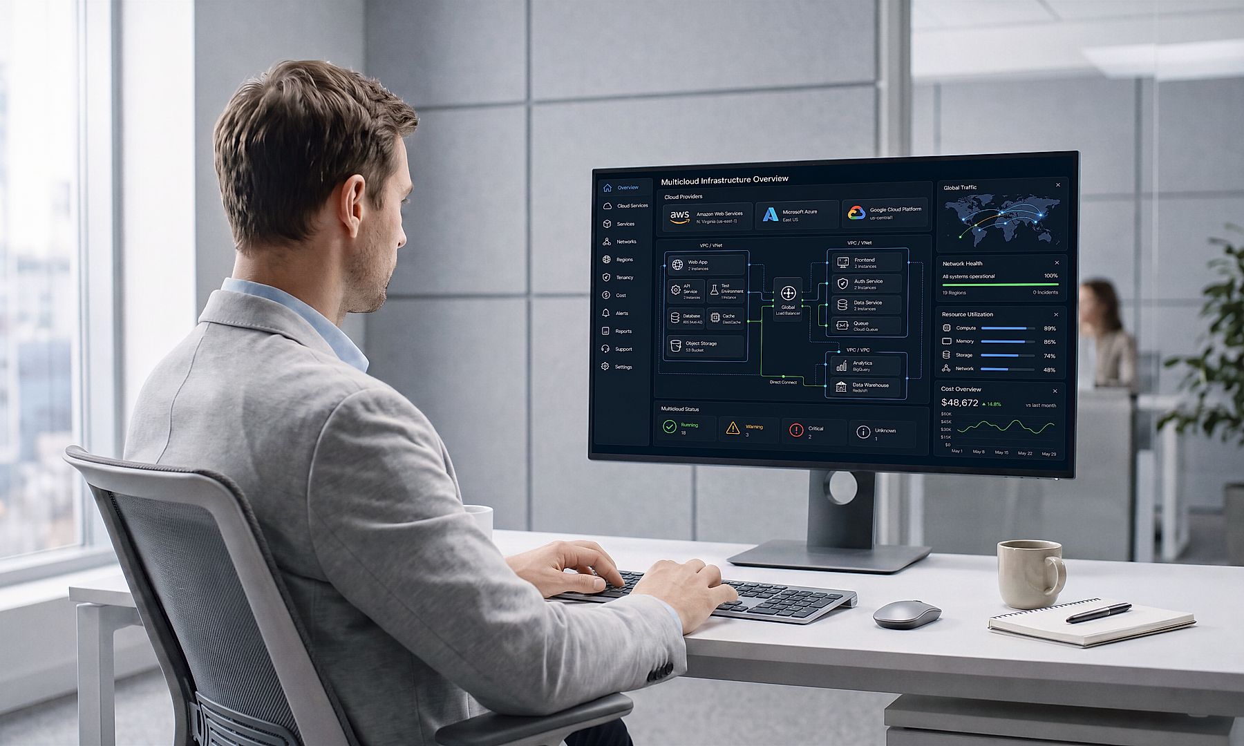 Digital Banking Technology and Financial Data Analytics Professional analyzing financial data and digital banking analytics on a desktop dashboard, highlighting modern financial technology and data-driven decision-making.