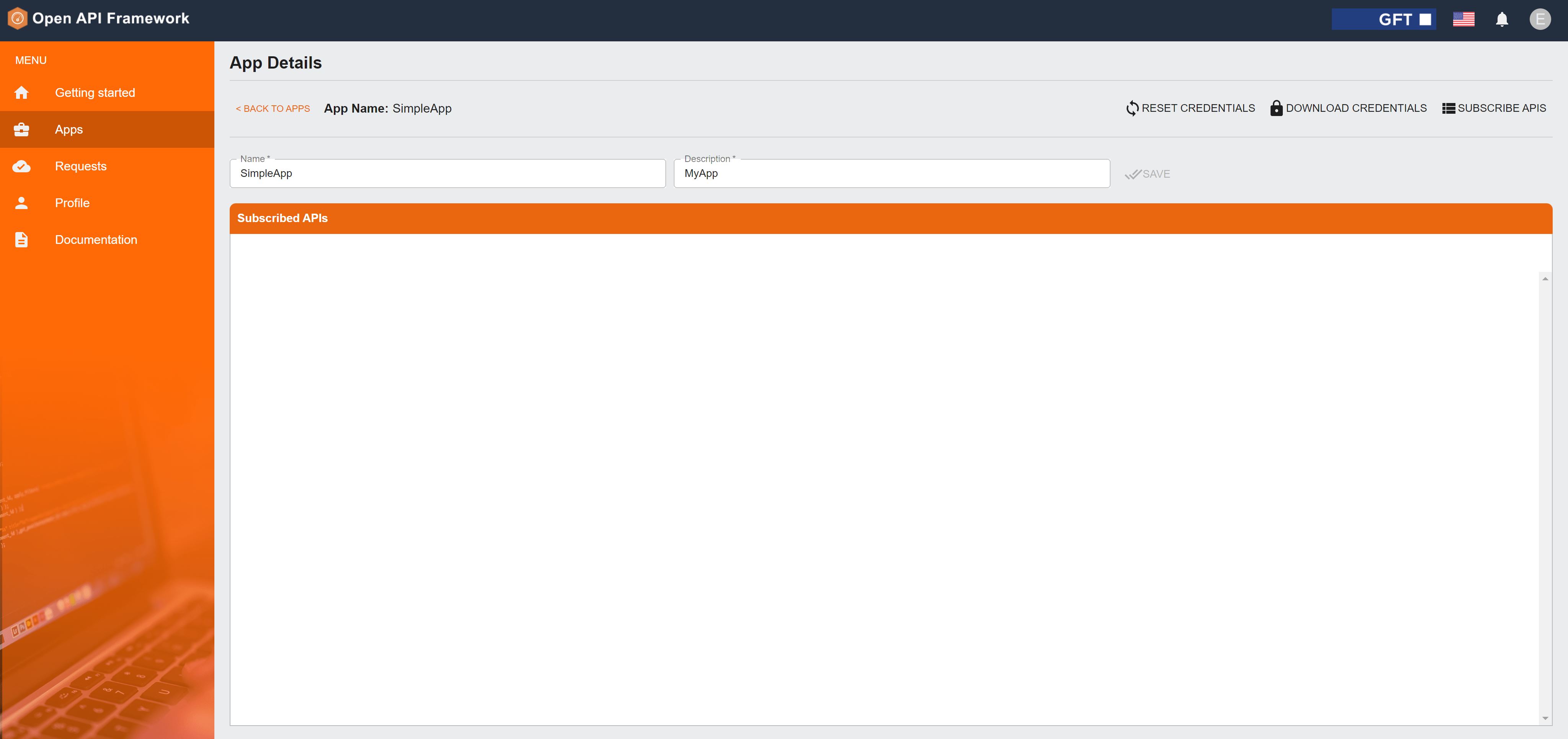 Screenshot of the GFT Open API Framework showing the App Details page for “SimpleApp,” including fields for name and description, credential management options, and a section for subscribed APIs.