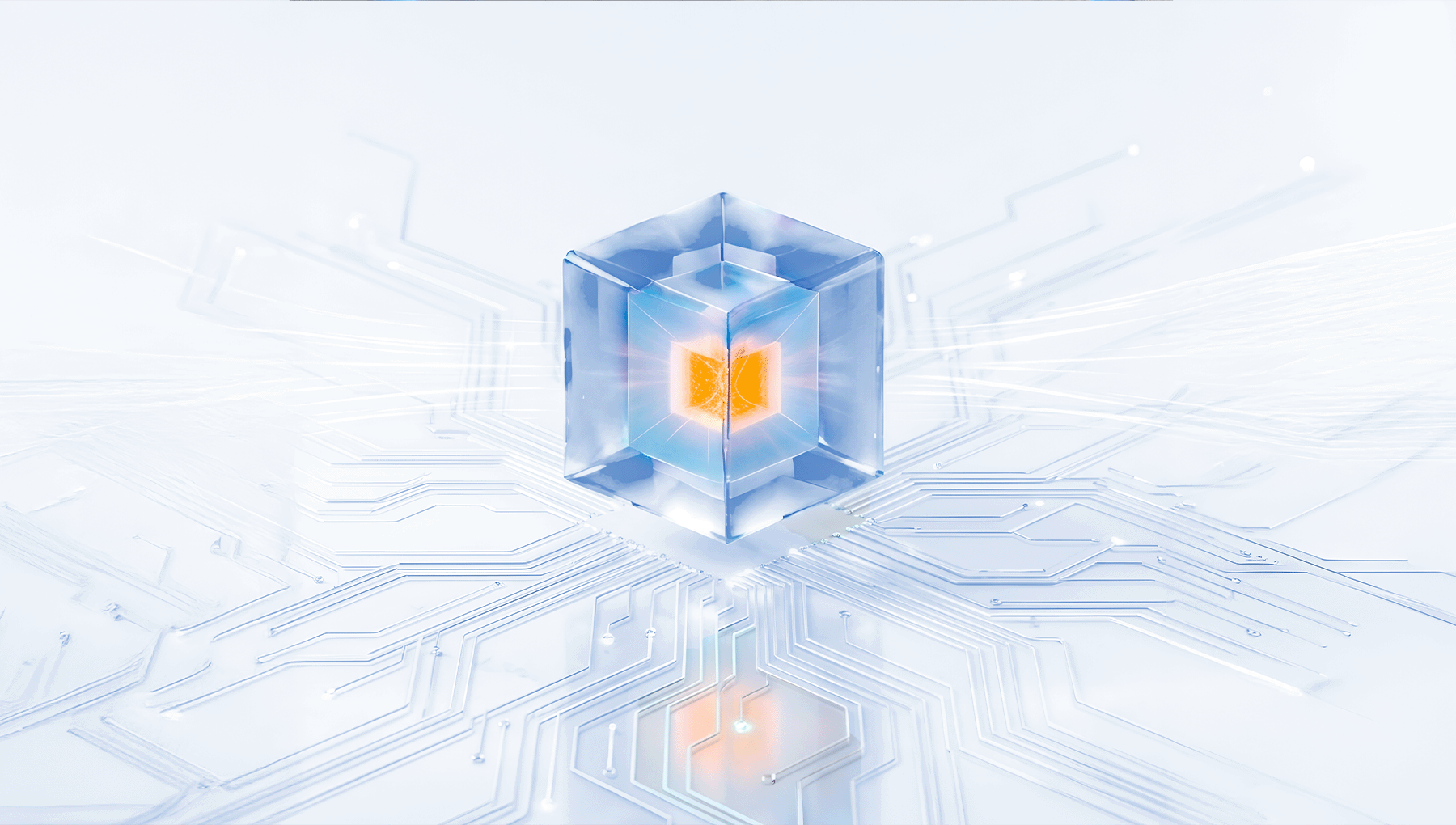A futuristic visual of a transparent cube with a glowing core, symbolizing the central intelligence of AI-driven transformation. Surrounding circuit-like pathways represent interconnected systems, data flows, and scalable digital infrastructure capturing the essence of AI modernization, where innovation radiates outward to power smarter, faster, and more adaptive enterprises.
