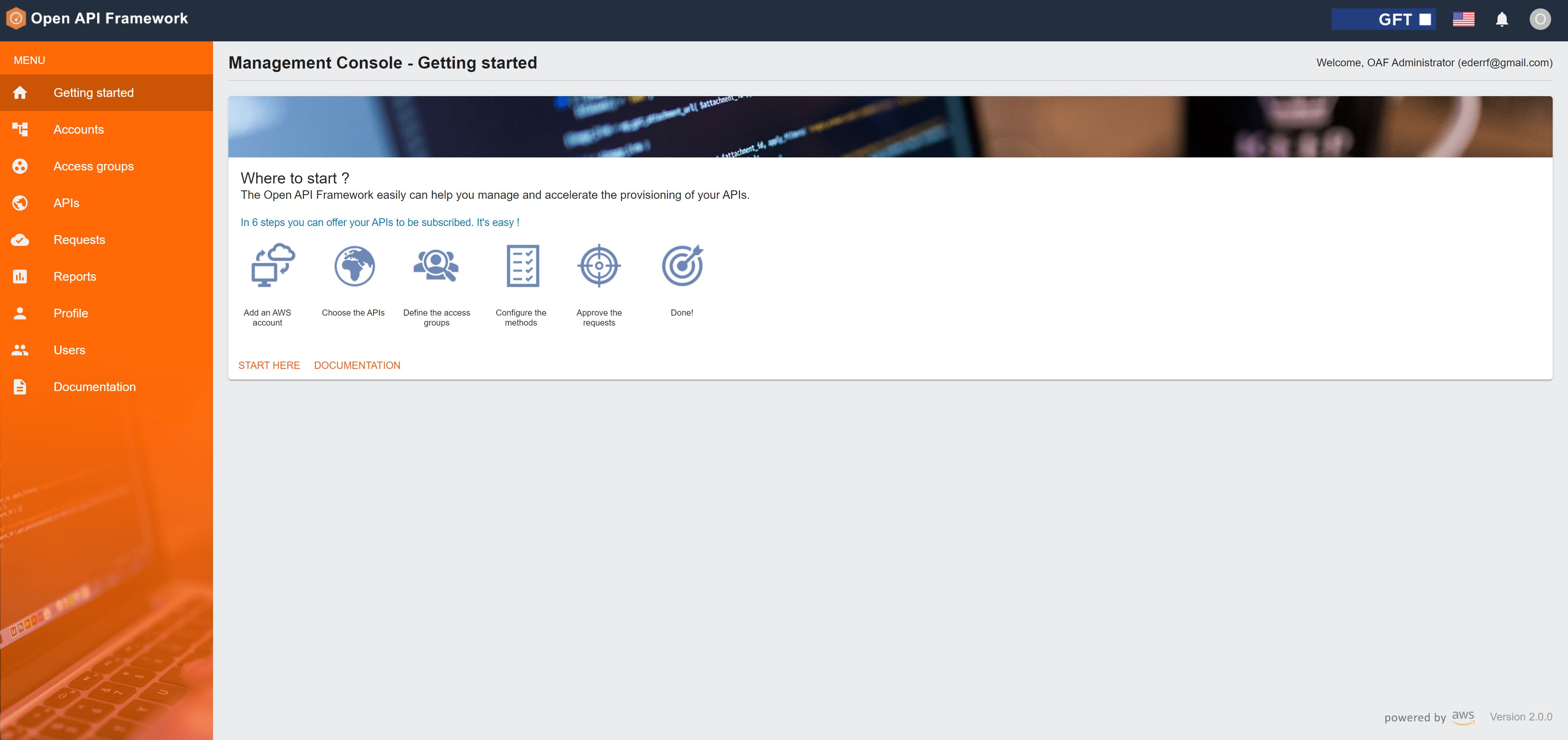 Screenshot of the GFT Open API Framework management console showing the Getting Started section, navigation menu, and API provisioning steps.