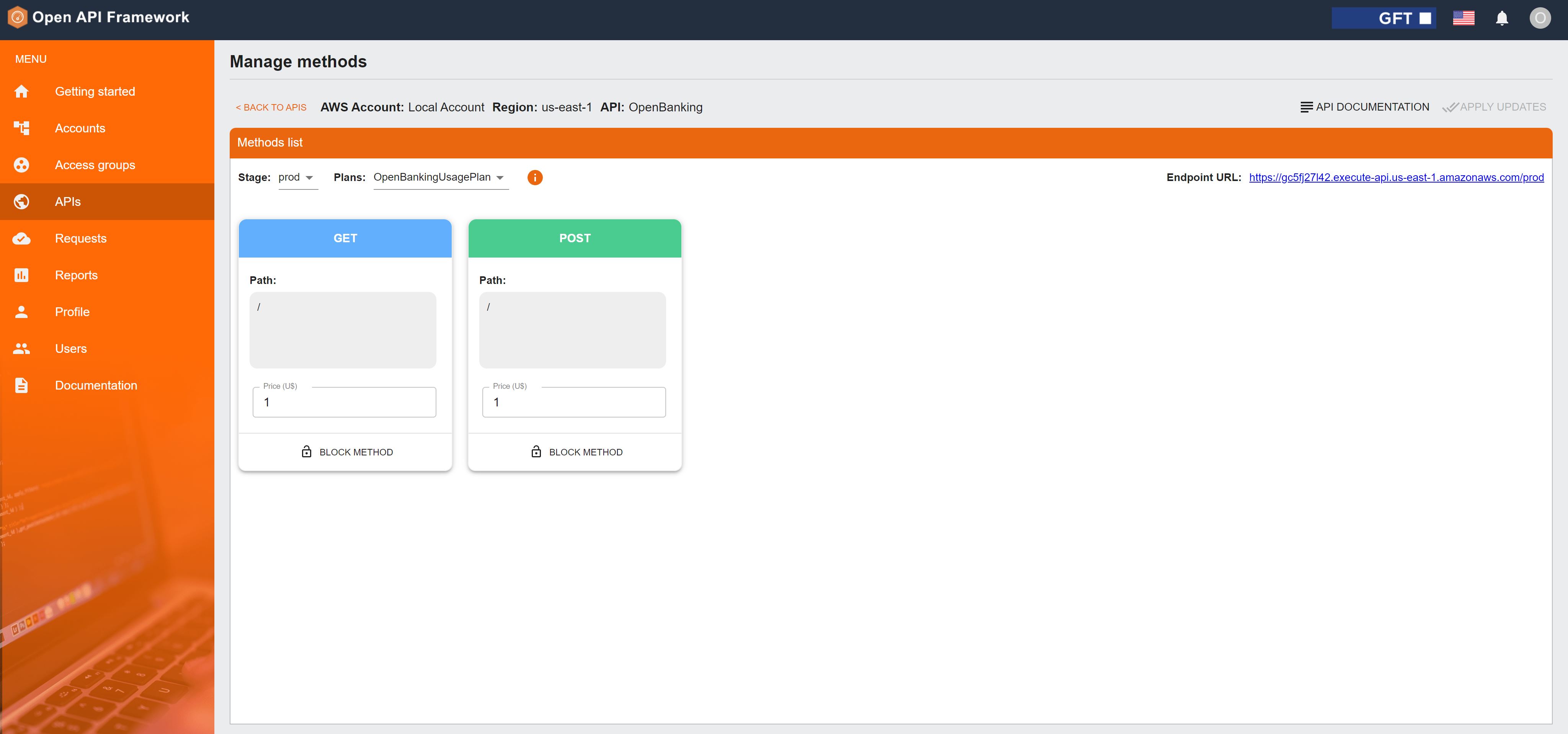 Screenshot of the GFT Open API Framework showing the method management screen for an OpenBanking API, including GET and POST method configurations, pricing fields, and endpoint details.
