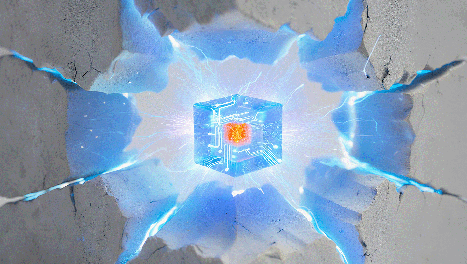A glowing cube bursting through a cracked surface symbolizes the disruptive power of AI-driven modernization. The fractured outer layer represents rigid legacy systems, while the radiant energy and circuitry emerging from within reflect innovation, agility, and new digital capabilities. This image captures the moment organizations break free from constraints to unlock scalable, future-ready transformation.