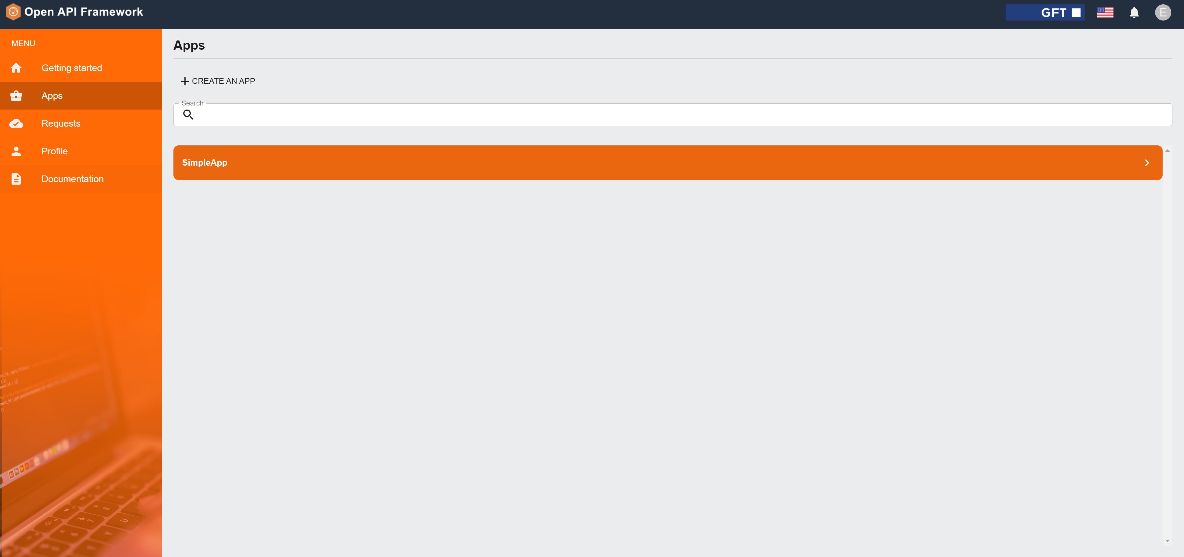 Screenshot of the GFT Open API Framework showing the Apps section, with an option to create a new app and a list displaying an existing “SimpleApp.”