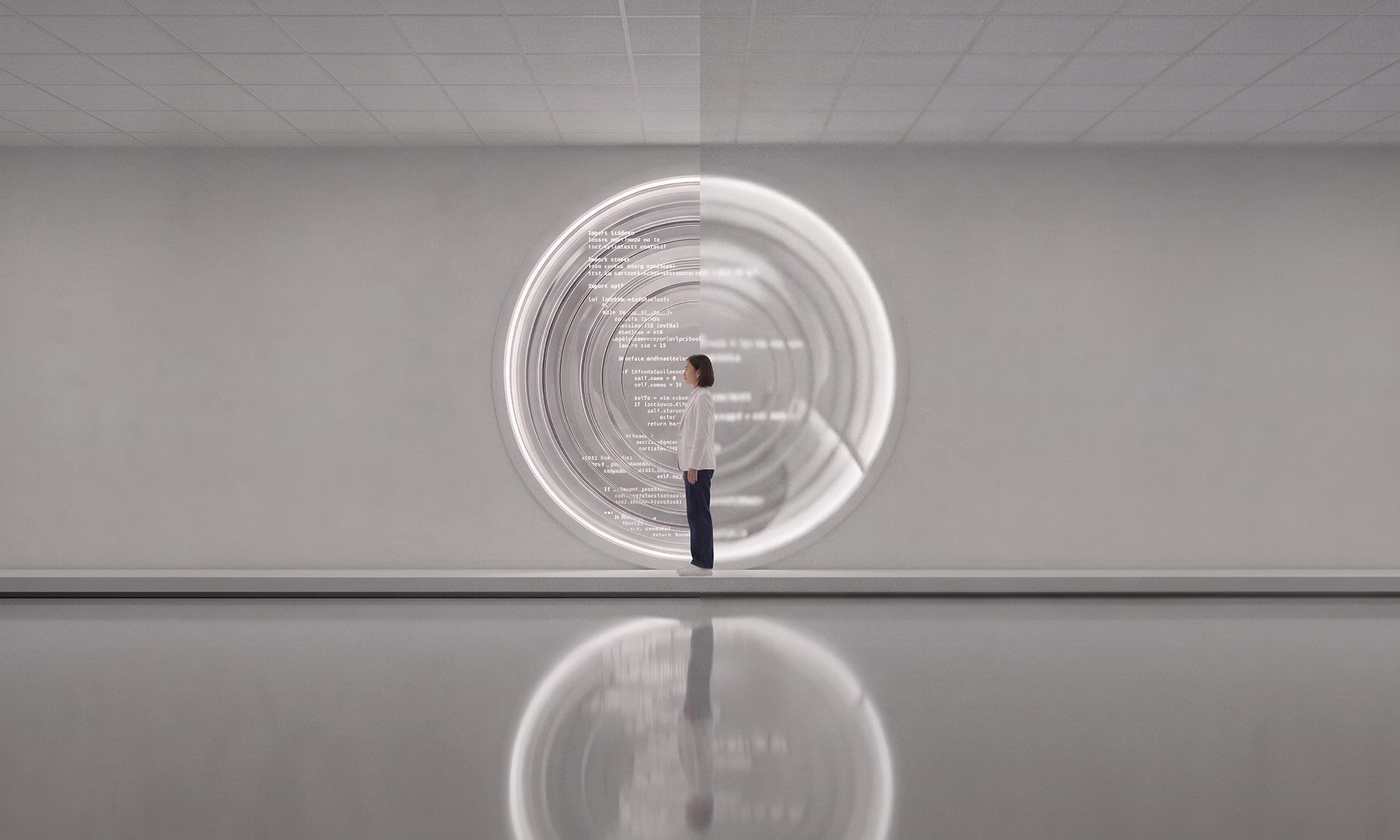The Future of AI, Unfiltered Woman standing in front of a circular digital portal displaying code.
