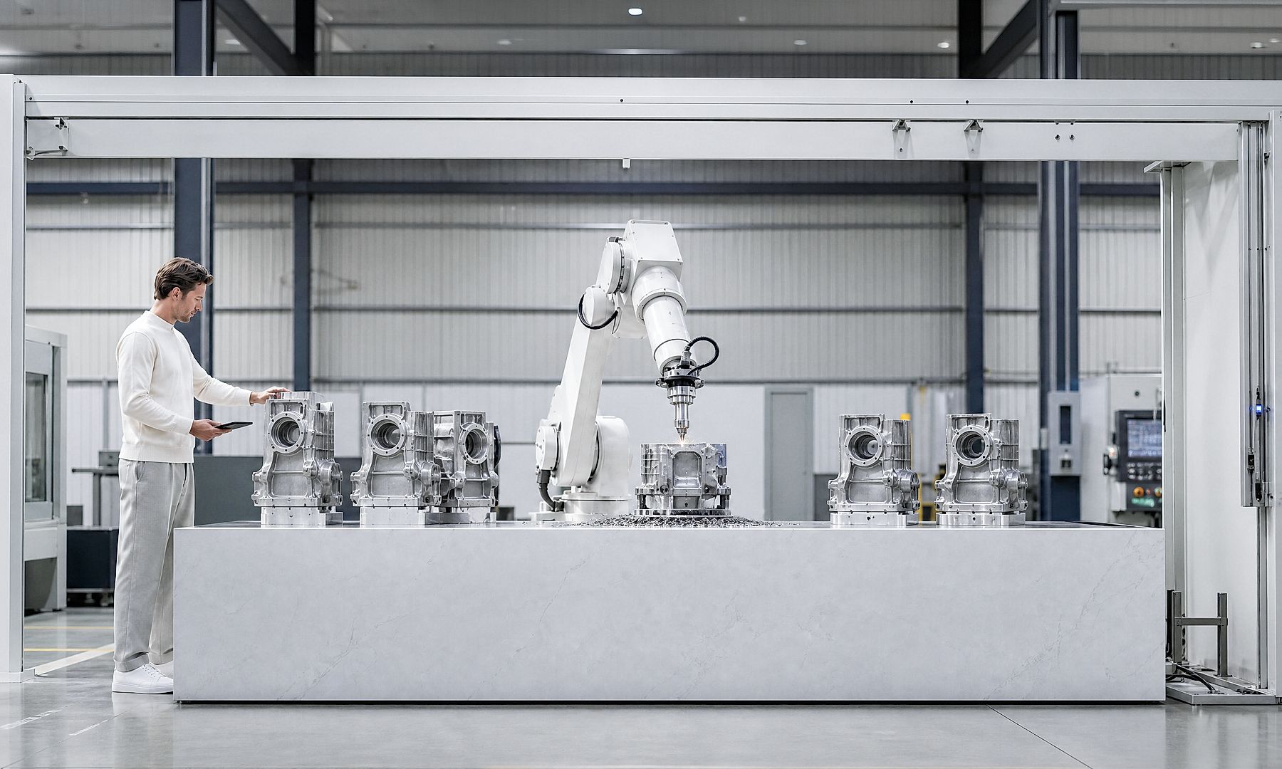 Industrial Robot in a Smart Manufacturing Facility Industrial robotic arm working alongside a human operator in a modern manufacturing facility, illustrating smart manufacturing, industrial automation, and advanced robotics