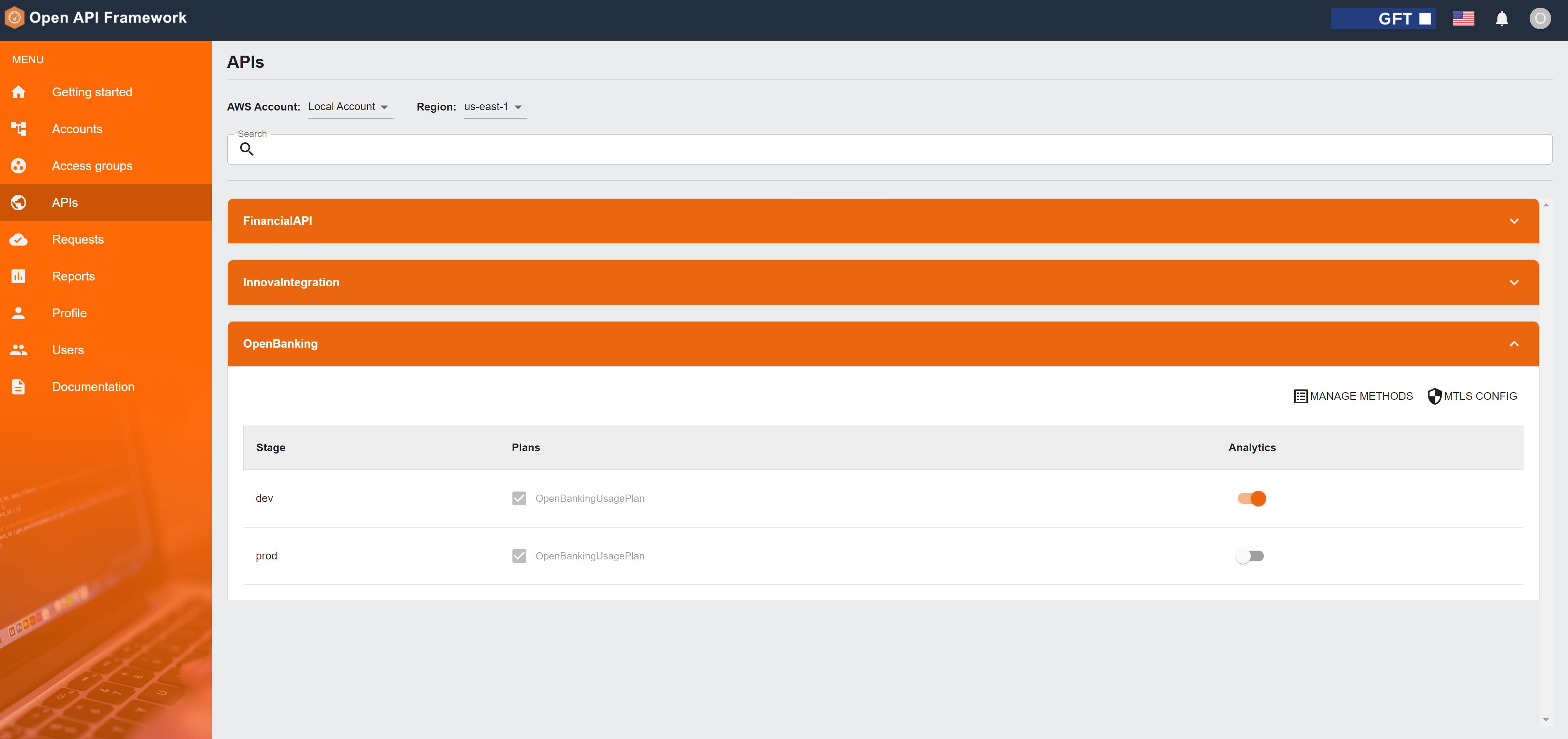 Screenshot of the GFT Open API Framework dashboard showing API categories, usage plans, stages, analytics toggles, and configuration options.